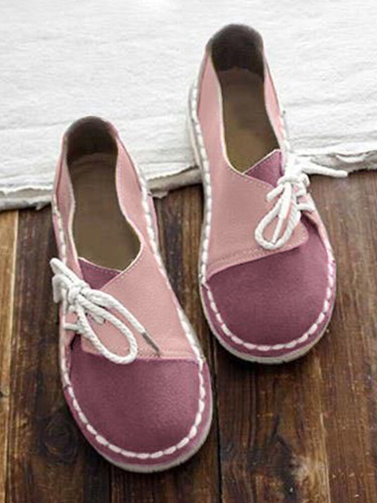 LOSTIST Large Size Women Casual Soft Splicing Lace Up Flat Loafers