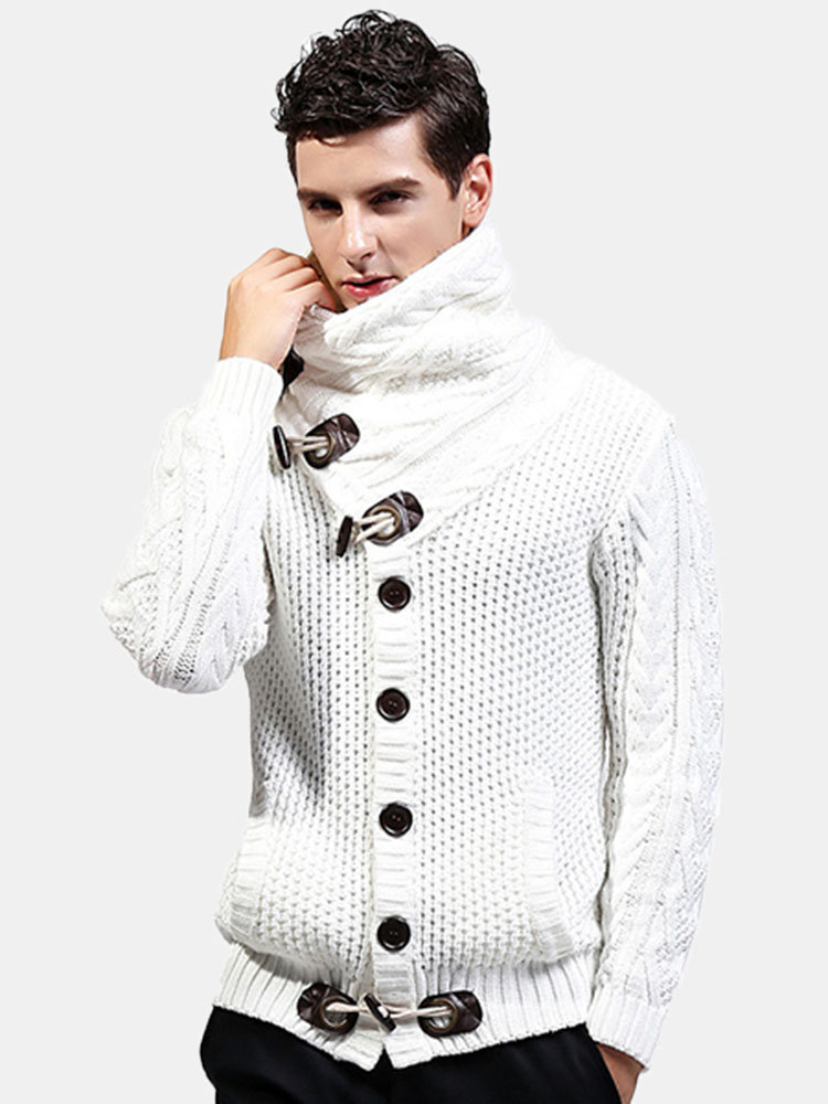 

Mens Wool Thicken Warm Sweater Horns Buckle Button Design Casual Cardigans, White