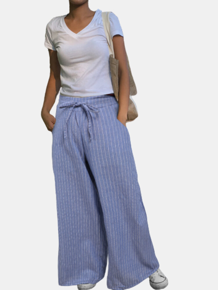 Stripped Wide-leg Straight Casual Plus Size Pants
