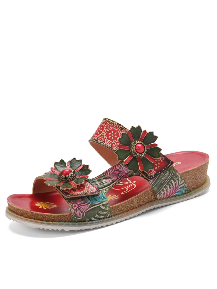 Socofy Genuine Leather Comfy Beach Vacation Bohemian Ethnic Floral Hook & Loop Outdoor Wedges Slippers