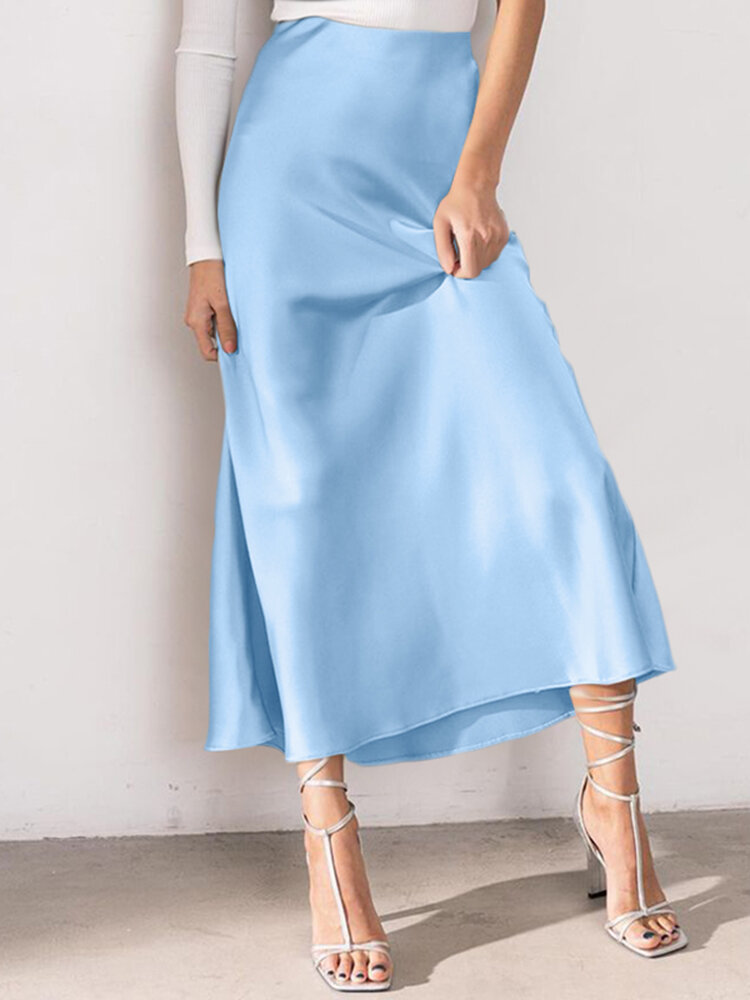 Solid Color Ruched Ankle Length High Waist Skirt