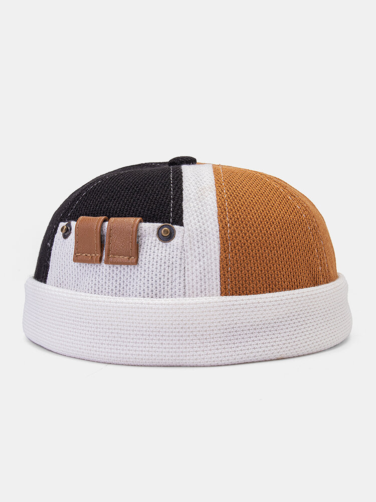 Men Grain Fleece Knitted Color Block Patchwork Dome Autumn Winter Warmth Adjustable Leather Buckle Brimless Beanie Landlord Cap Skull Cap