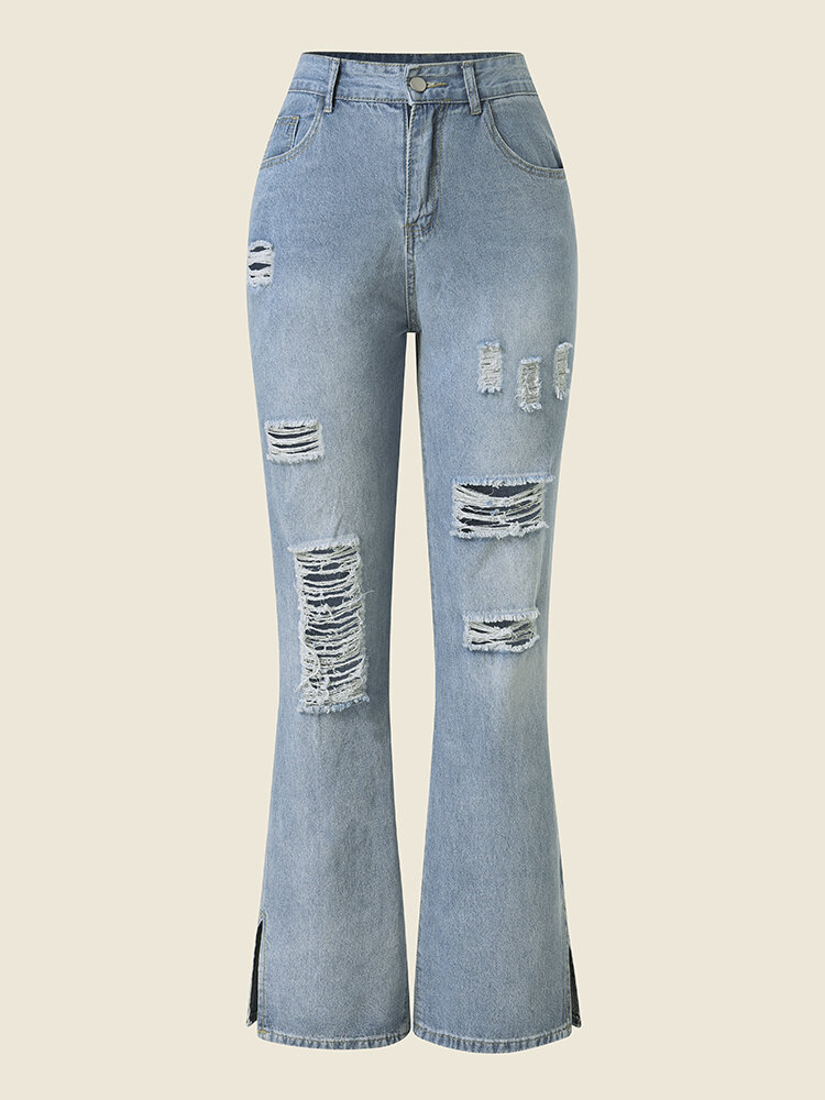 Solid Ripped Double Slit Ditressed Denim Jeans