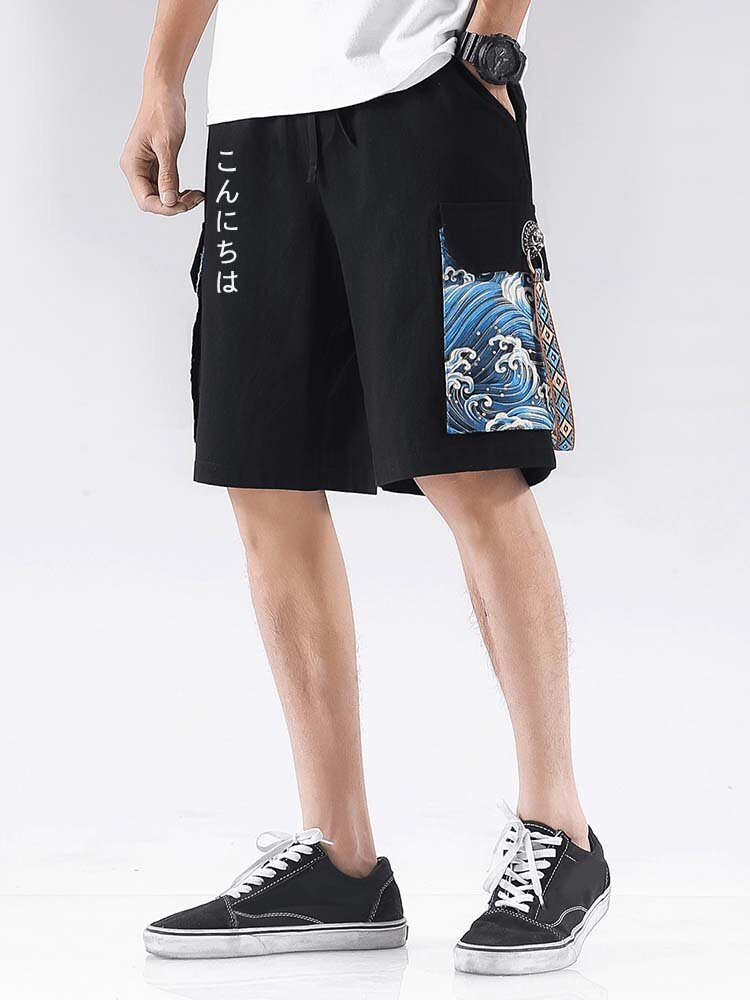 

Mens Japanese Wave Print Flap Pocket Drawstring Waist Cargo Shorts, Black