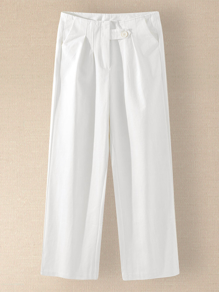 Solid Pocket Zip Front Button Straight Leg Pants For Women