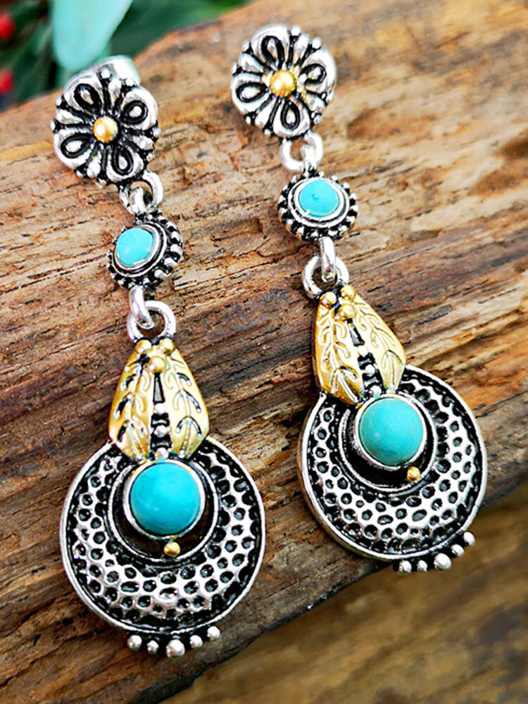 Vintage 925 Silver Plated Turquoise Women Earrings Small Bee Flower Color Separation Earrings