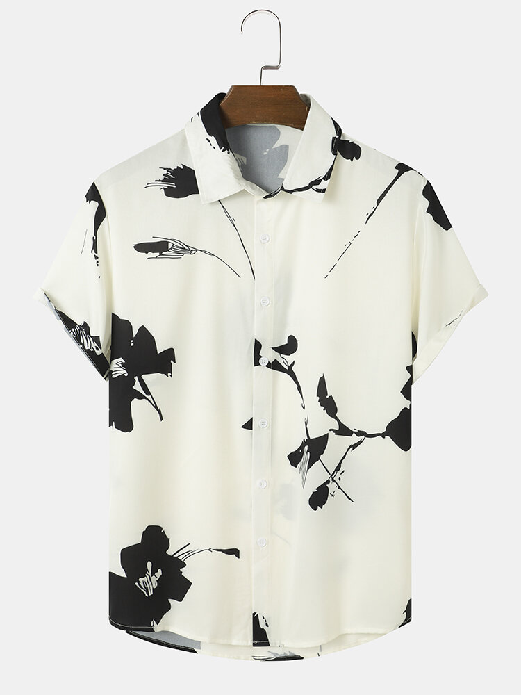 Mens Ink Plants Print Button Up Holiday Short Sleeve Shirts