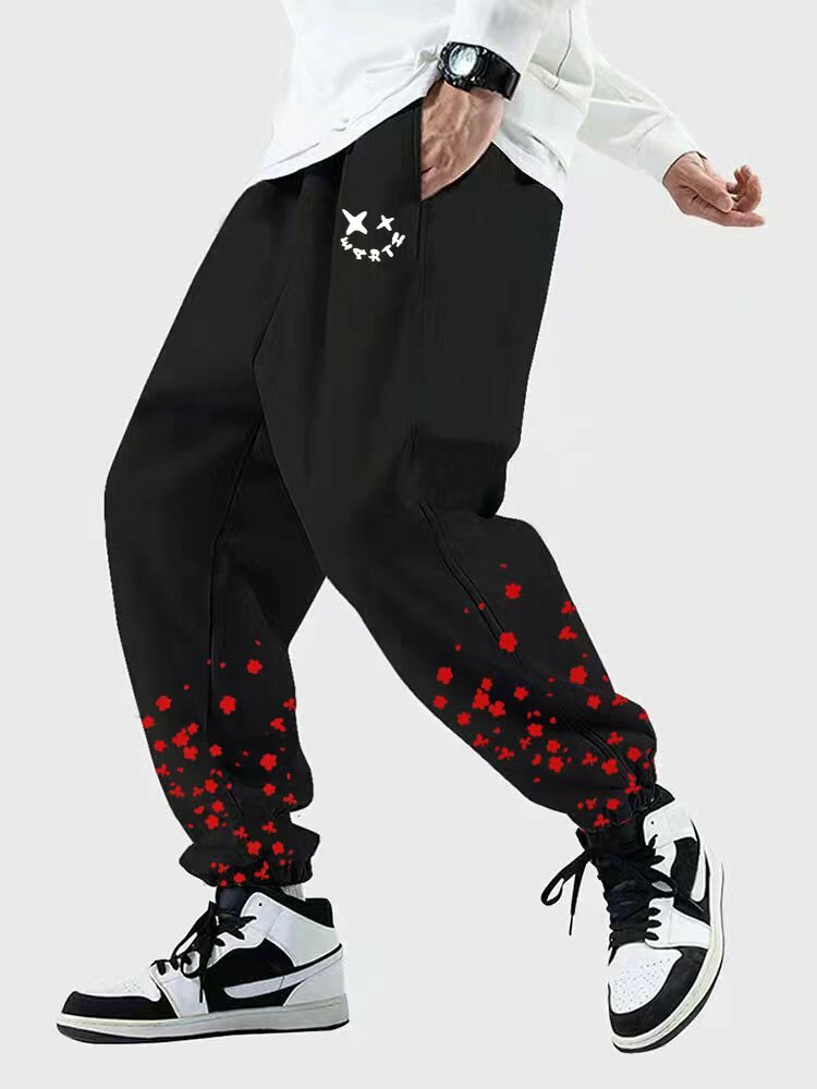 Mens Funny Face Floral Print Drawstring Sweatpants With Pocket