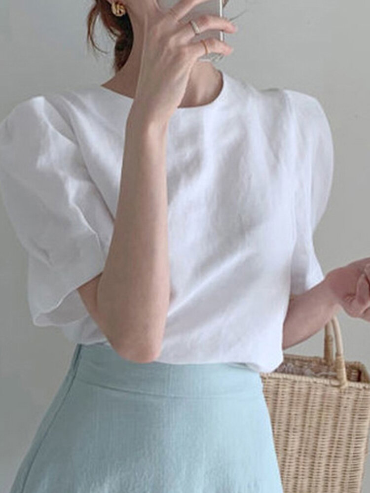Solid Color Tie Up Back Basics Puff Sleeve Blouse