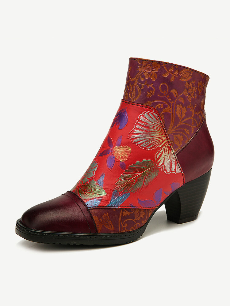 SOCOFY Retro Colorful Printed Flowers Pattern Embossed Stitching Comfortable Zipper High Heel Boots