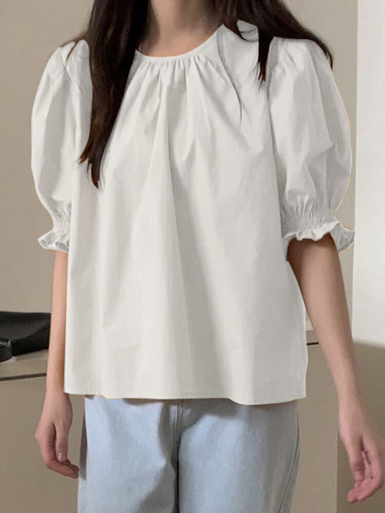 Shirred Puff Sleeve Solid Crew Neck Women Blouse