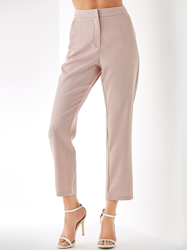 Pink Striped Print Pocket Long Casual Pants for Women