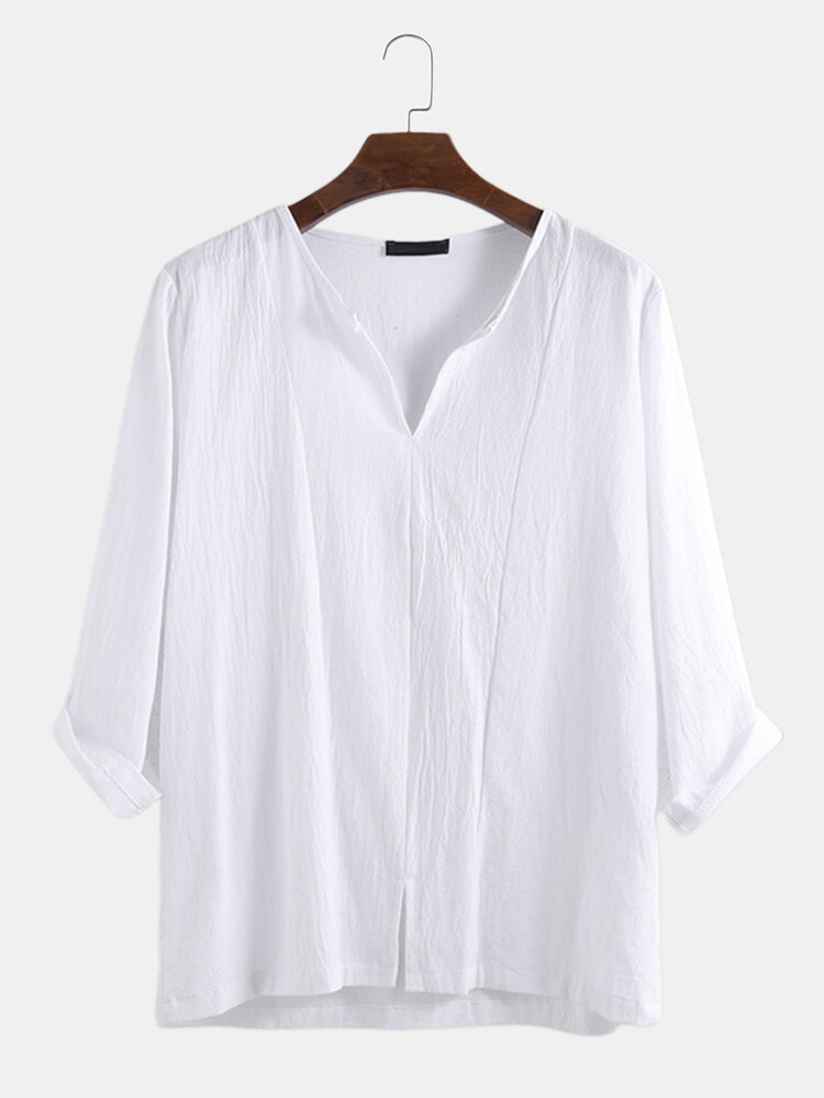 Mens 100% Cotton Chinese Ethnic 3/4 Short Sleeve V-Neck T-Shirt