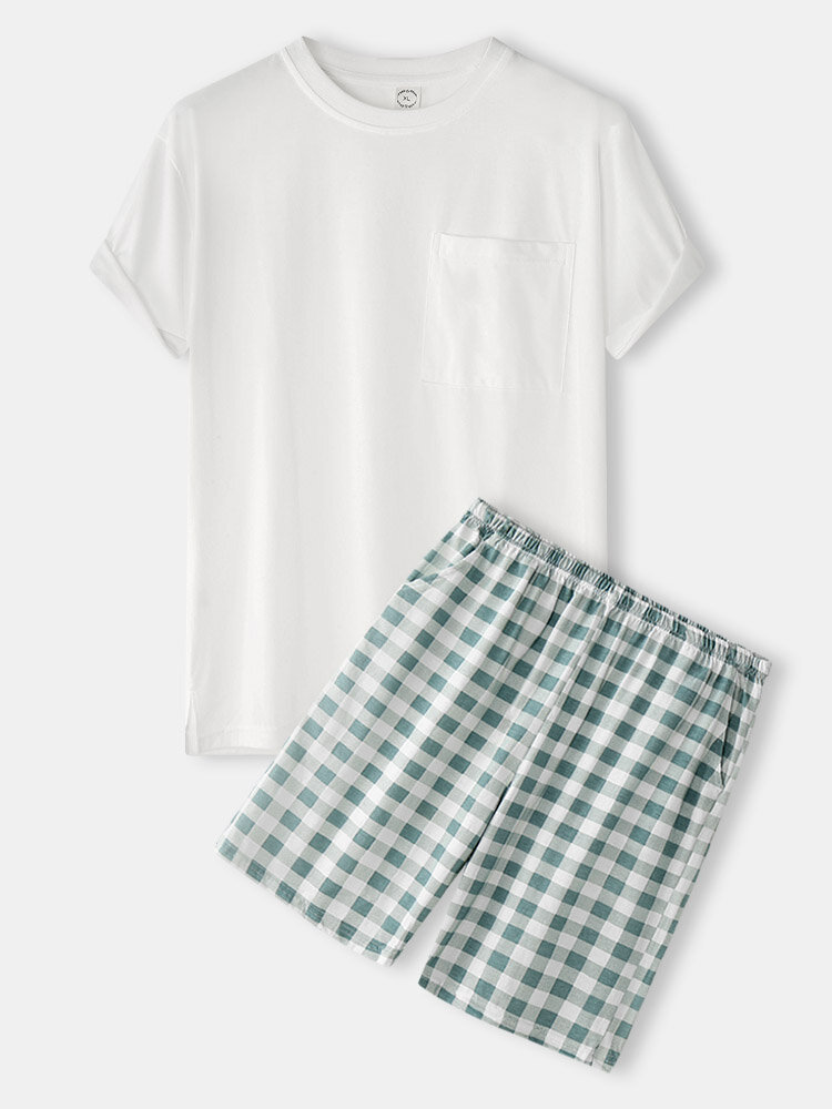 Mens Cotton Split Hem Home Short Sleeve Pajamas Sets With Plaid Shorts