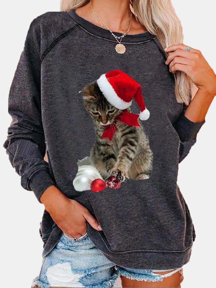 تي شيرت جميل مطبوع عليه قطة عيد الميلاد بأكمام طويلة ورقبة دائرية مقاس Plus