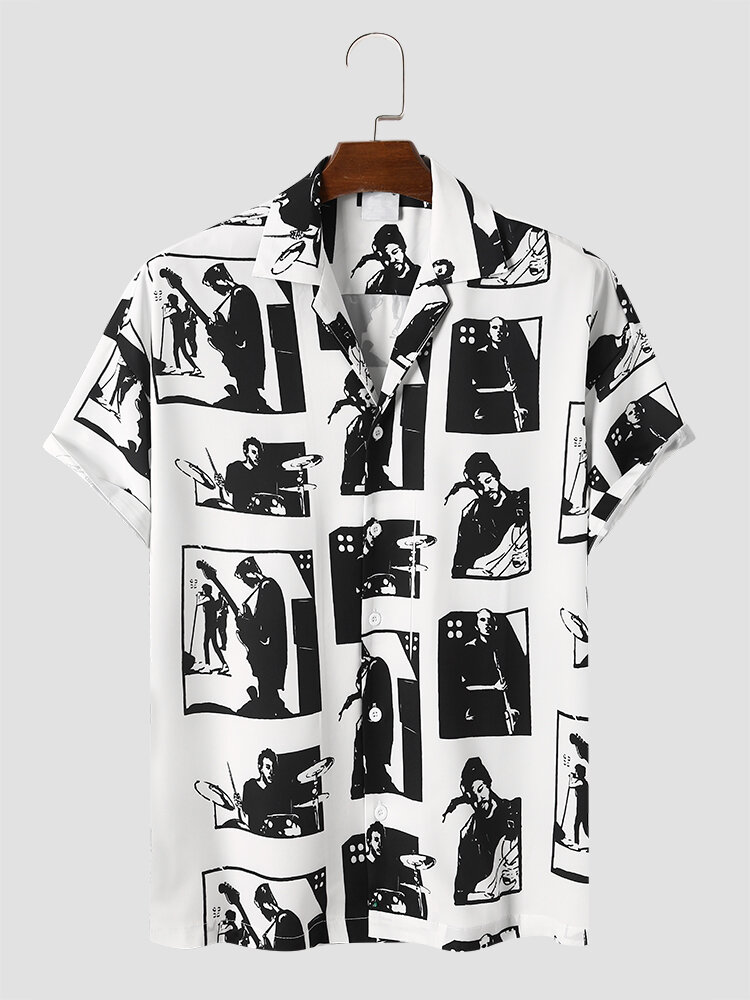 Mens Monochrome Figure Pattern Graphics Street Short Sleeve Shirts