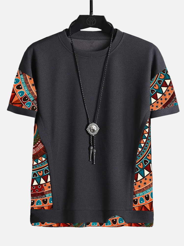 Mens Ethnic Geometric Pattern Stitching Texture Short Sleeve Streetwear T Shirts