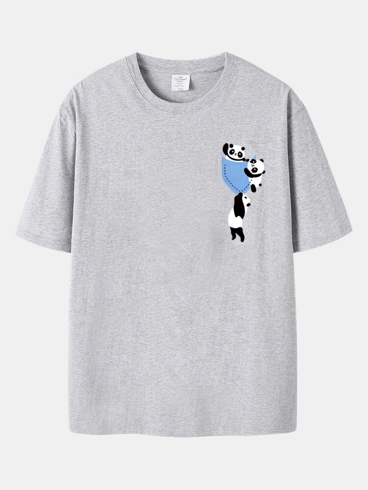 Plus Size Mens Cartoon Panda Print Casual 100% Cotton Short Sleeve T-Shirt