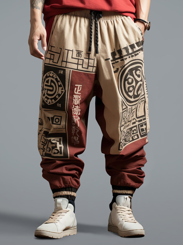 Masculino chinês tribal estampa geométrica patchwork com cordão na cintura Calças