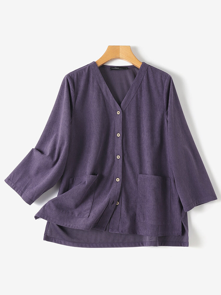 

Women Solid Button Front Side Split Corduroy Casual Jacket, Black;purple;khaki