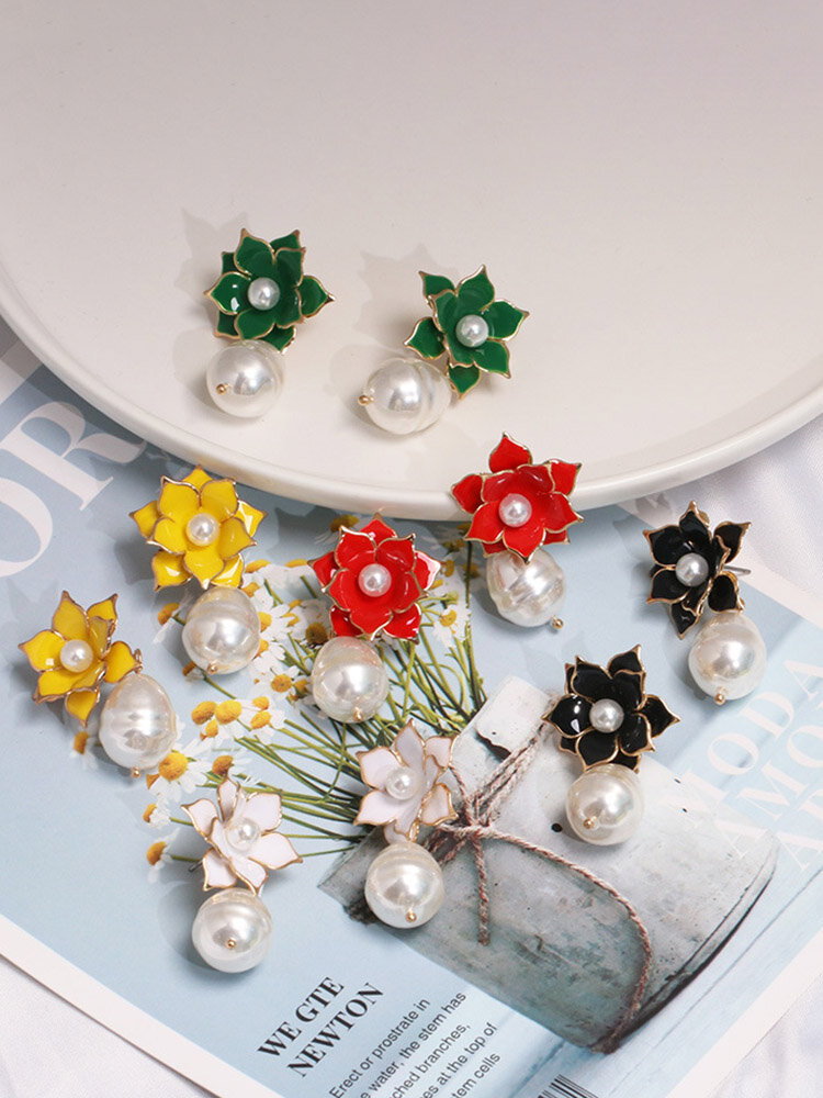 5 Colors Vintage Pearl Pendant Earring Geometric Three-dimensional Lotus Ear Drop Elegant Jewelry