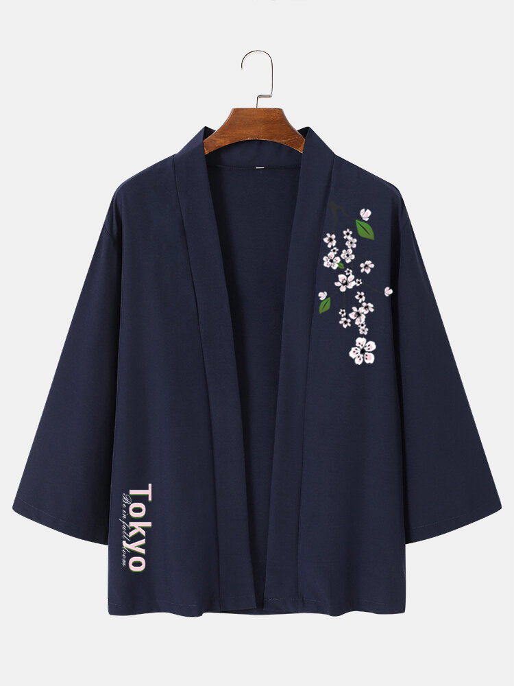 Mens Tokyo Floral Print Open Front Loose 3/4 Sleeve Kimono