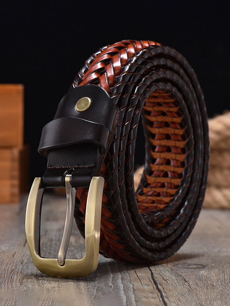 JASSY 105-125cm Men's Leather Handwoven Vintage Casual Pin Buckle Hollow Belt