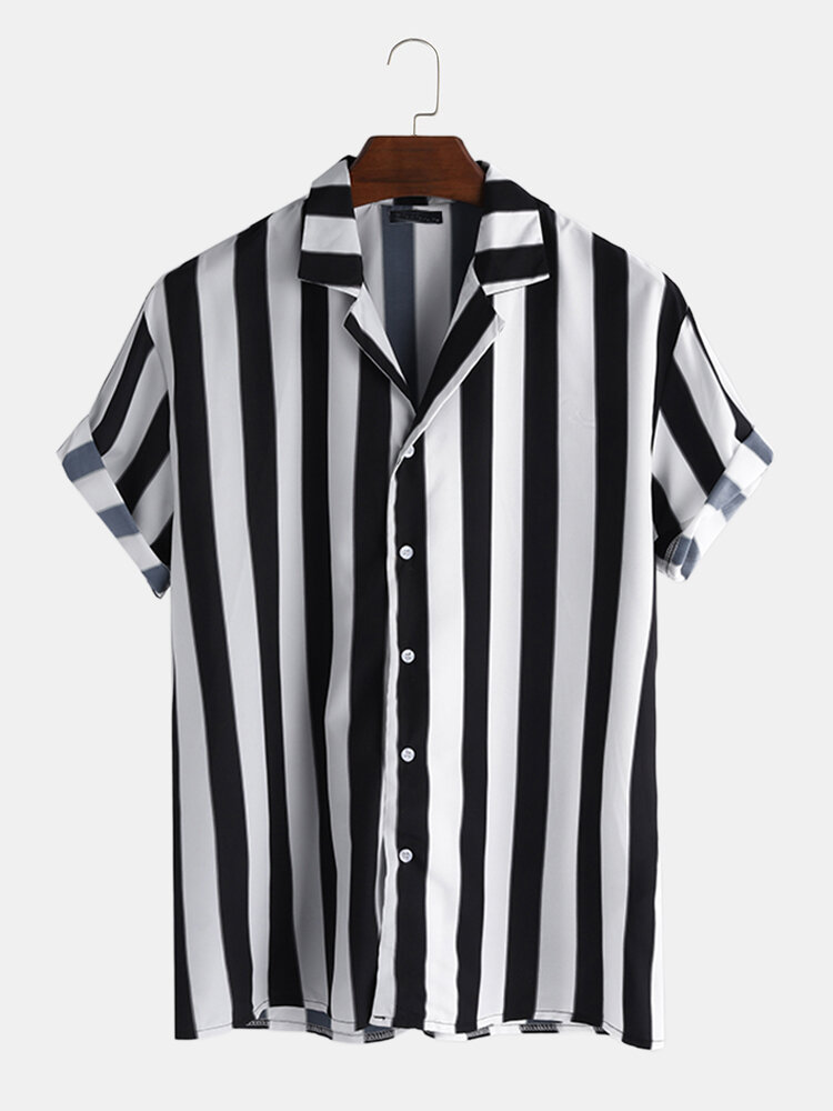 Men Casual Striped Shirt Linen Loose Retro Striped Short Sleeve Button Down Tops