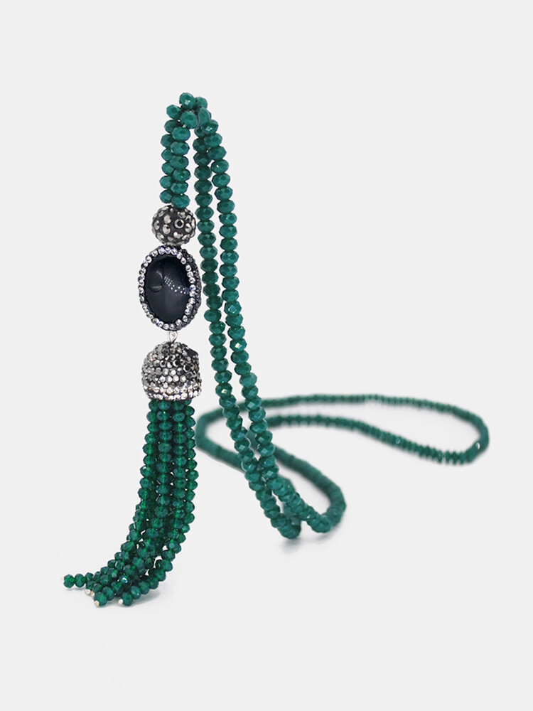 Vintage Luxury Geometric Agate Rhinestone Tassel Long Necklace Handmade Crystal Beaded Sweater Chain