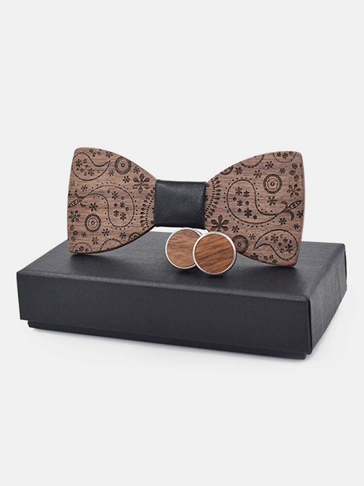 Men Vintage Exquisite Wooden Bow Tie Cufflink Shirt Metal Carte Cufflinks For Wedding Bussiness Gift