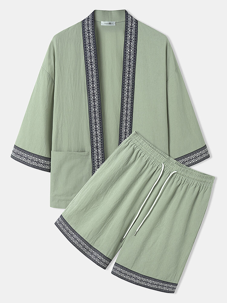 Mens Ethnic Ribbon Double Pocket Kimono Cotton Two Pieces Outfits