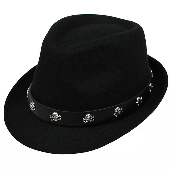 

Retro British Mens Hat Skull Crossbones Woolen Fedoras Jazz Cap, Black