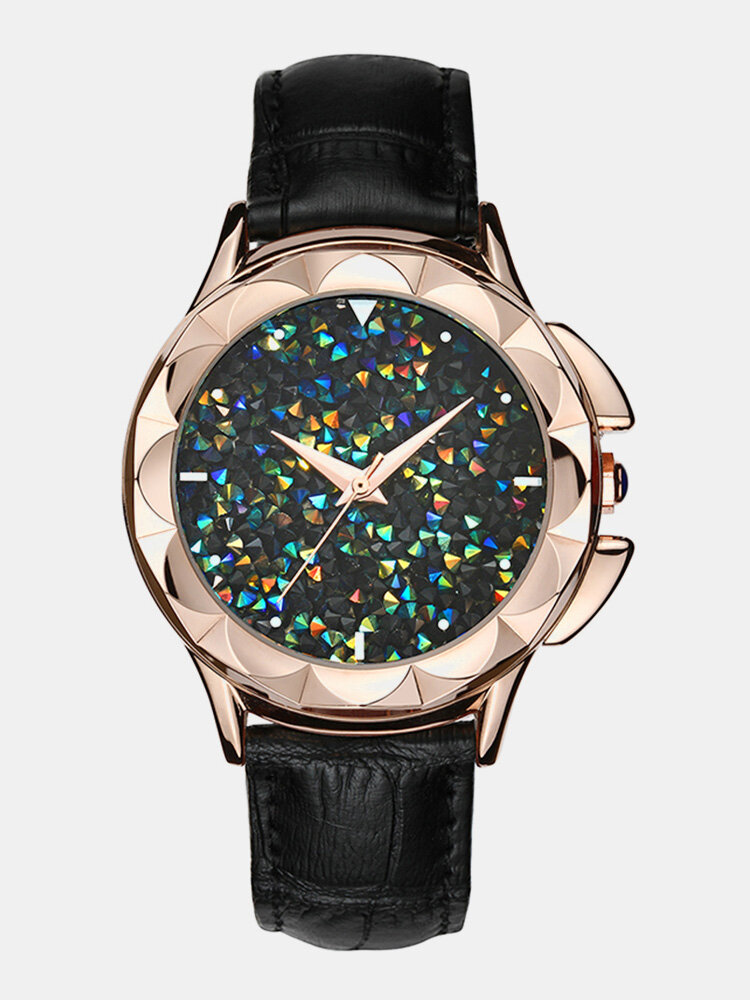 Luxury Womens Watches Flower Case Kaleidoscope Shining Dial Genuine Leather Lady Quartz Watches
