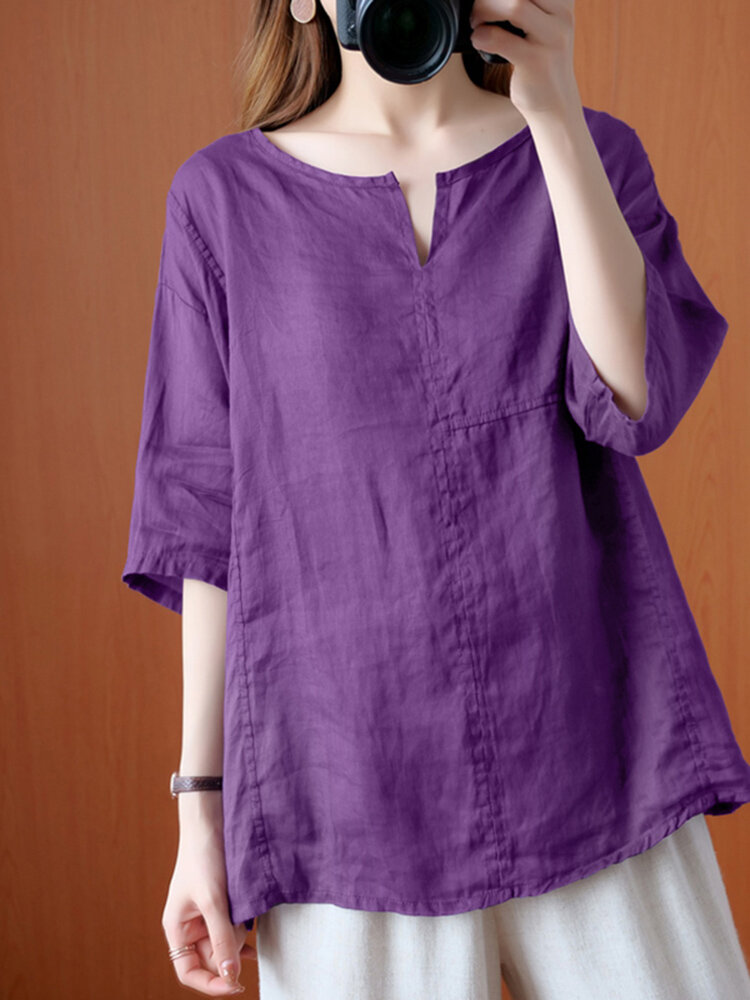 Solid V Neck Half Sleeve Casual Cotton Blouse