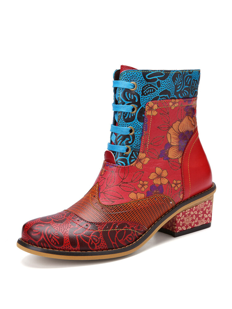 Socofy Retro Ethnic Floral Printed Genuine Leather Patchwork Leather Stitching Soft Low Heel Side Zipper Short Riding Boots