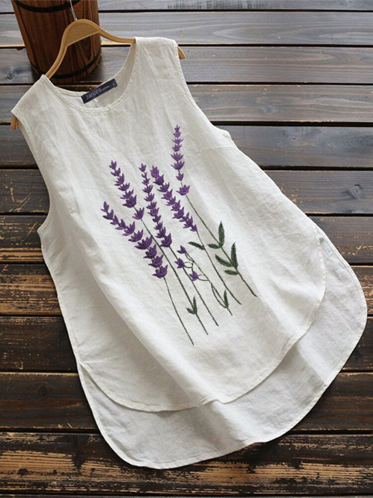 Embroidery Lavenders O-neck Asymmetrical Plus Size Tank Top