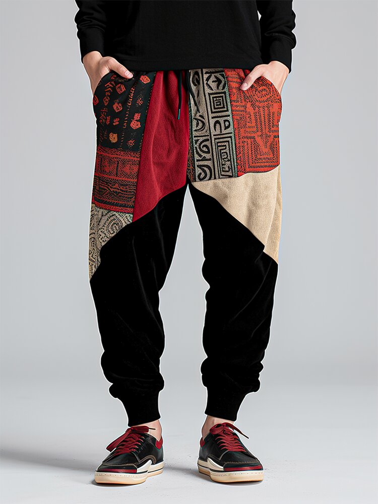 Tribal étnico masculino Padrão patchwork solto com cordão na cintura Calças