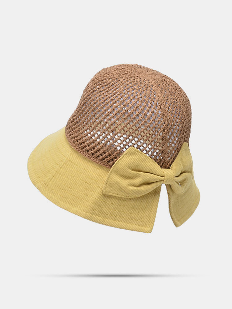 

Women's Cotton Straw Outdoor Hollow Contrast Color Bowknot Decor Sunshade Sunscreen Bucket Hat, Yellow;pink