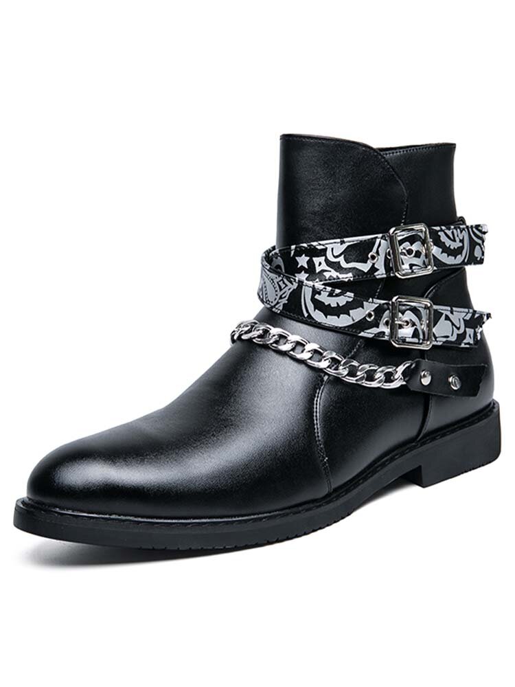 Men Brief Slip Resistant Buckles Chains Stylish Slip On Boots