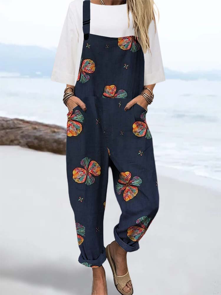 Women Colorful Floral Print Cotton Overall Jumpsuit With Pocket