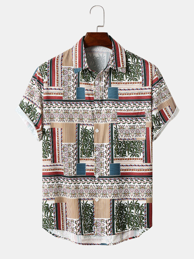 

Mens Scarf Print Spliced Buttons Up Short Sleeve Shirts, Apricot