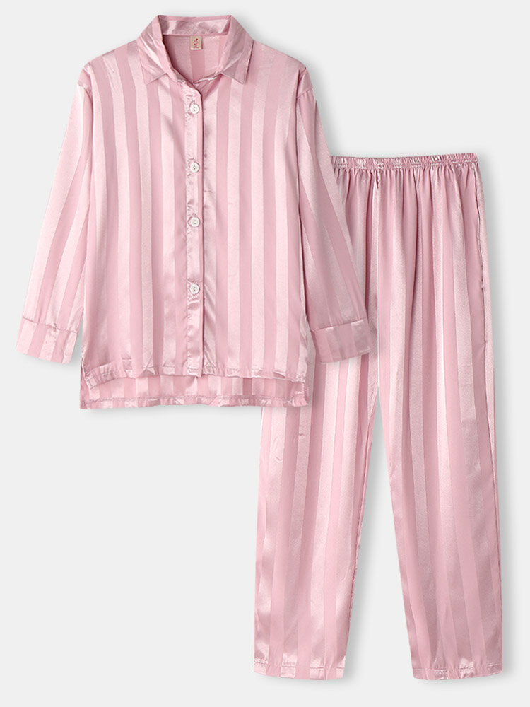 Women Striped Satin Button Up High Low Hem Smooth Pajamas Sets
