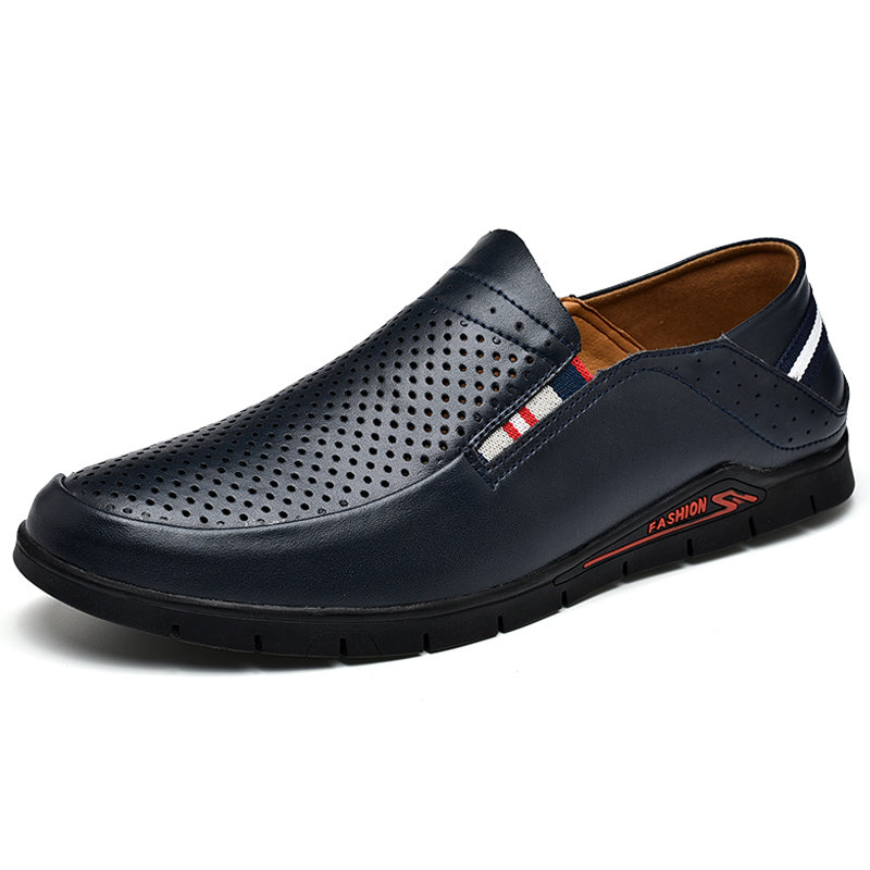 Men Hole Breathable Non Slip Slip On Casual Leather Shoes 
