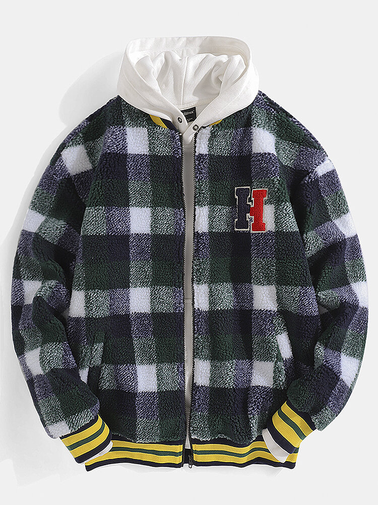 Mens Plaid Letter Patched Zip Front Baseball Collar Casaul Teddy Jacket