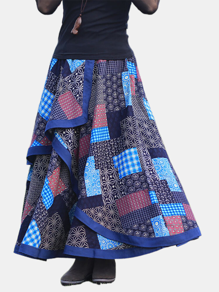Cotton And Linen Bohemian  Loose Hem  Printed Skirts Beach Skirt 