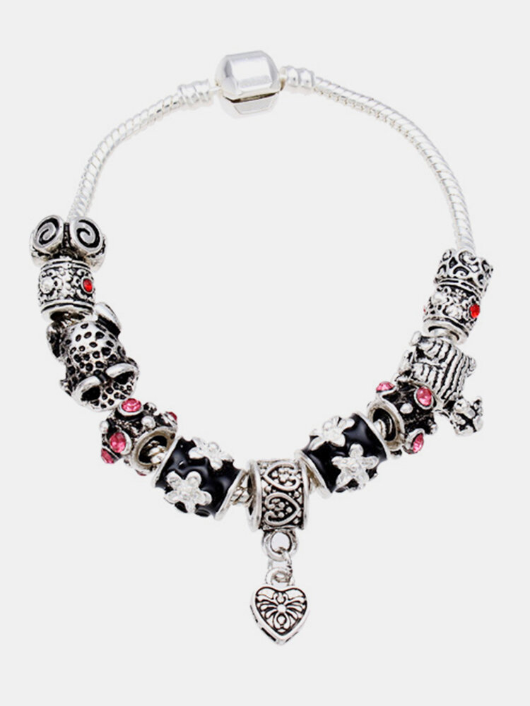 Tibetan Glass Beads 925 Silver Plated Heart Bracelet