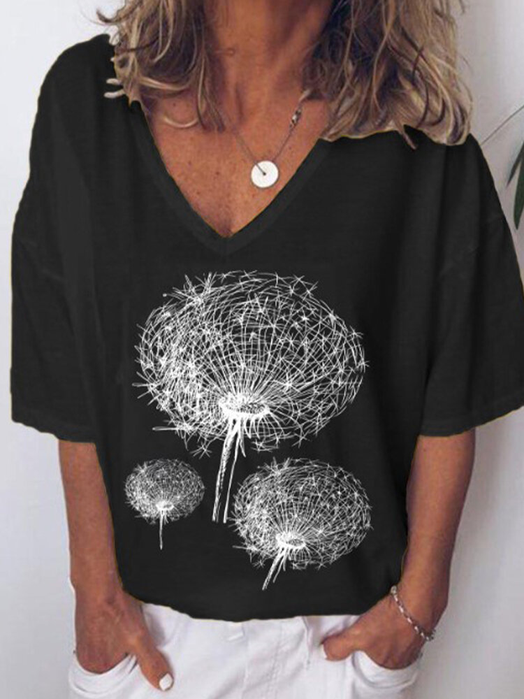 Flower Printed Short Sleeve V-neck T-shirt for Women