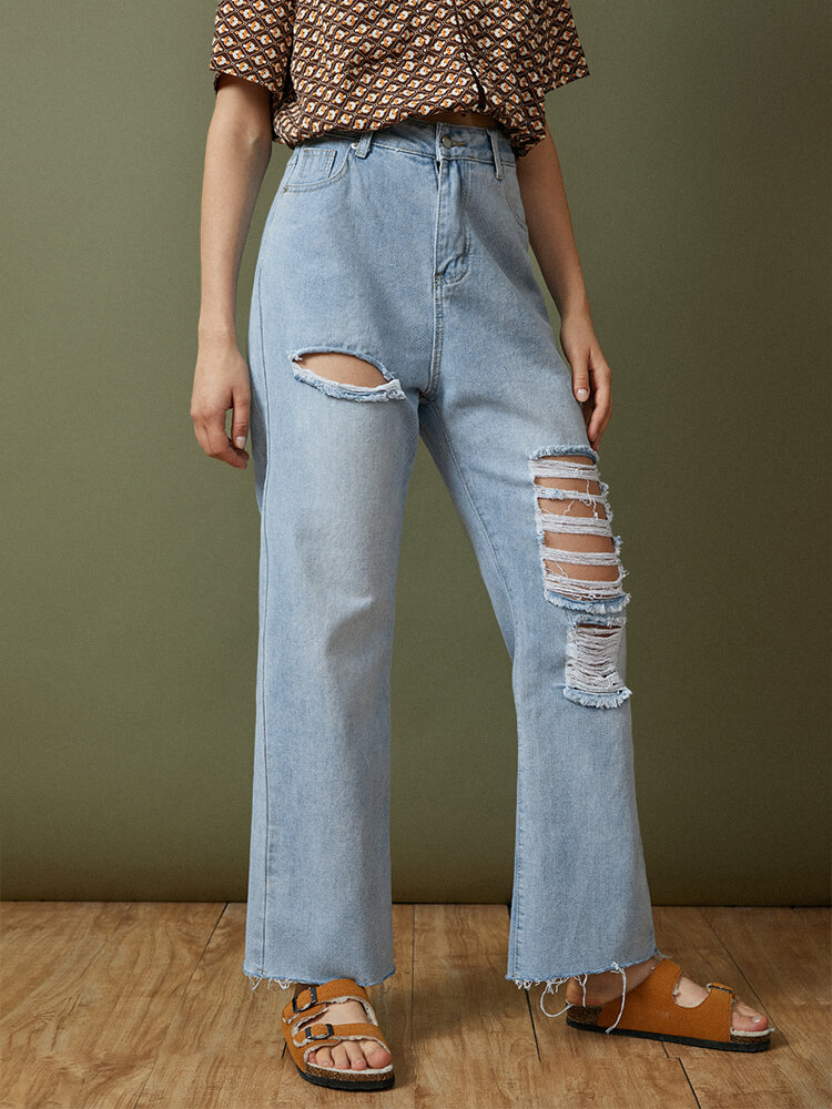 Solid Ripped Pocket Zip Button Wide Leg Denim Jeans