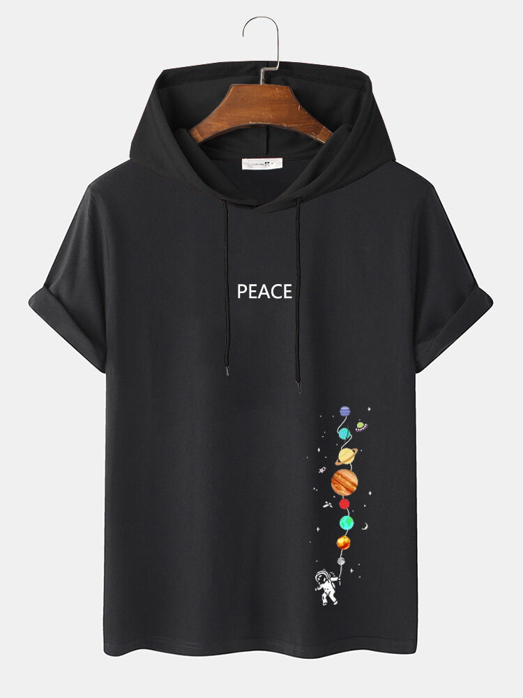 Mens Planet Astronaut Letter Print Short Sleeve Hooded T-Shirts