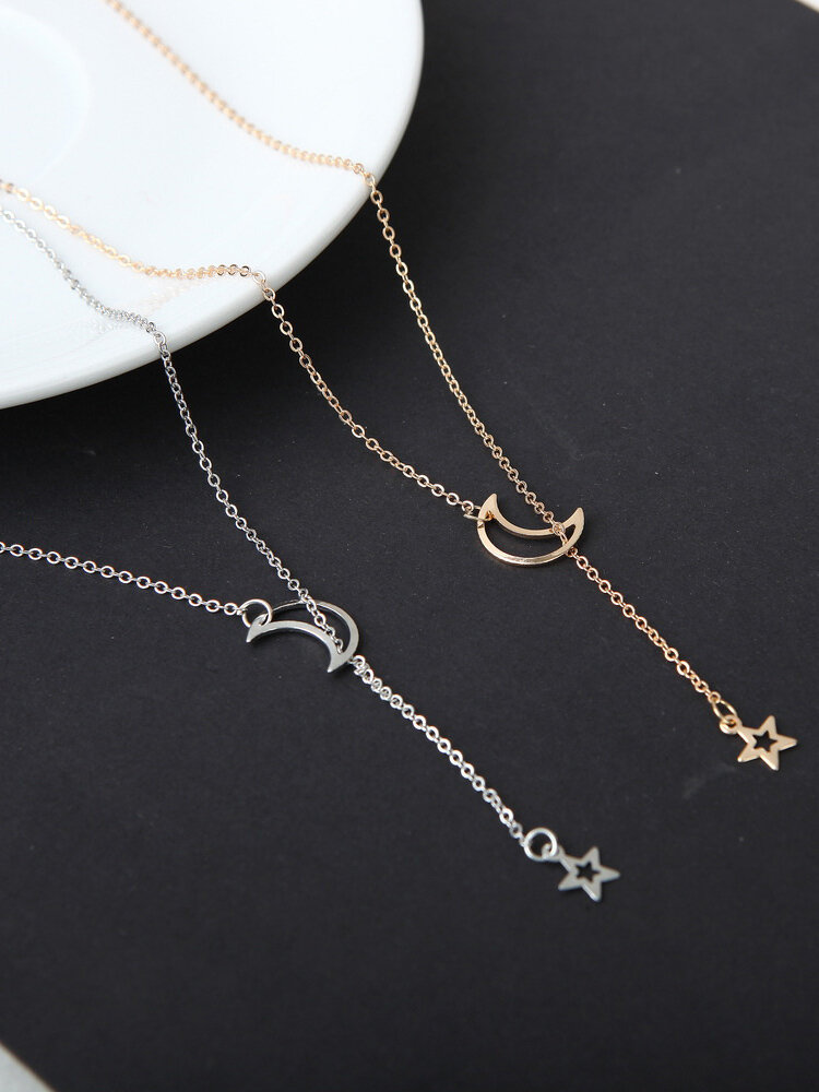 Fashion Pendant Necklace Hollow Star Moon Tassels Pendant Chain Necklace Sweet Jewelry for Women
